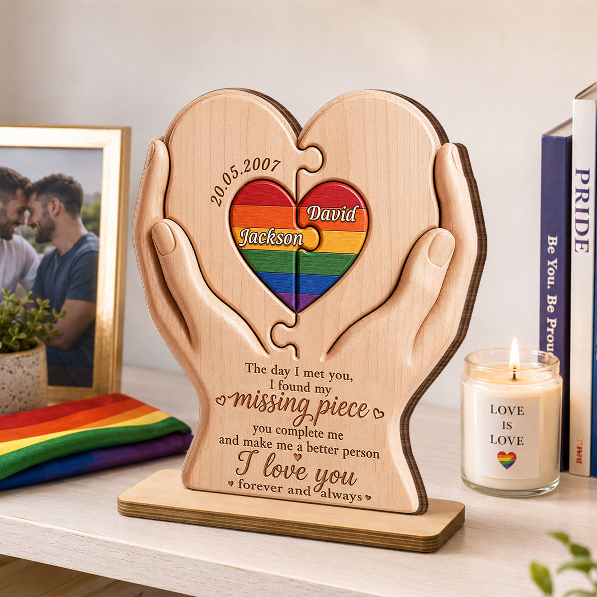 I Found My Missing Piece LGBTQ+ Couple - Personalized 2-Layered Wooden Plaque - Pride Month Decor, Gift for Her, Gift for Him
