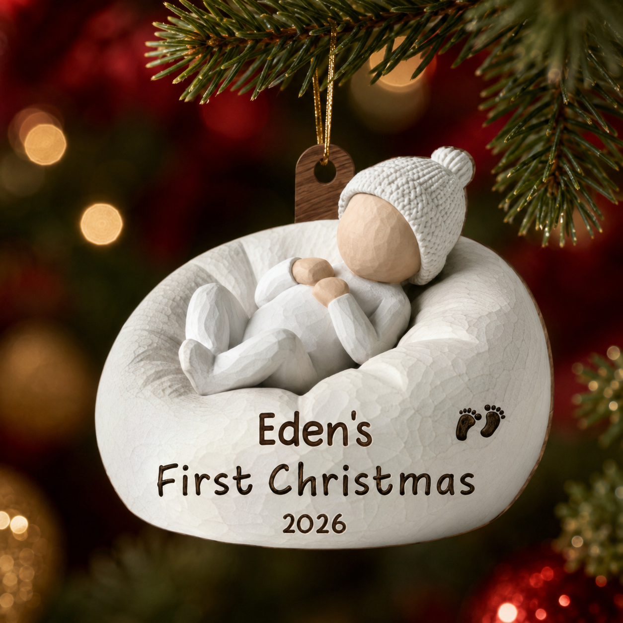 3D Effect Baby's First Christmas Baby On Beanbag Chair - Personalized Wooden Ornament