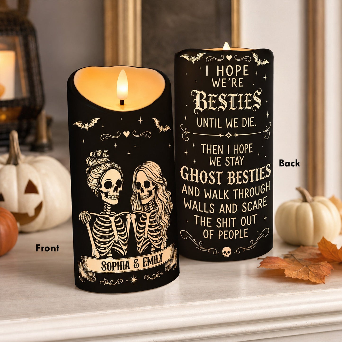Skeleton Besties Until We Die - Personalized LED Candle - Funny Work Bestie Gift, Halloween Keepsake For Best Friends