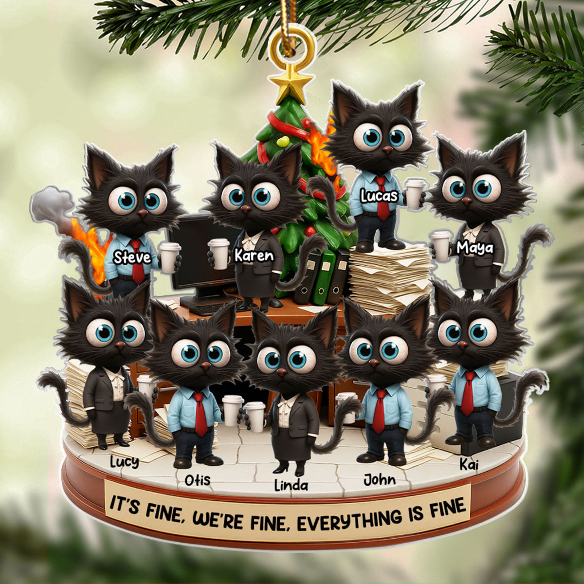Office Chaos It's Fine We're Fine Funny Cat - Personalized Acrylic Ornament - Christmas Gift for Coworkers, White Elephant, Secret Santa Gift