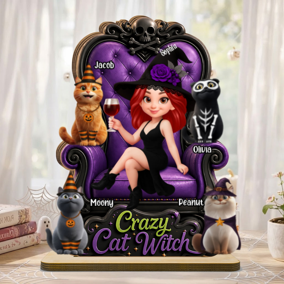 Crazy Cat Witch Halloween - Personalized 2-Layered Wooden Plaque - Halloween Decor for Cat Lovers