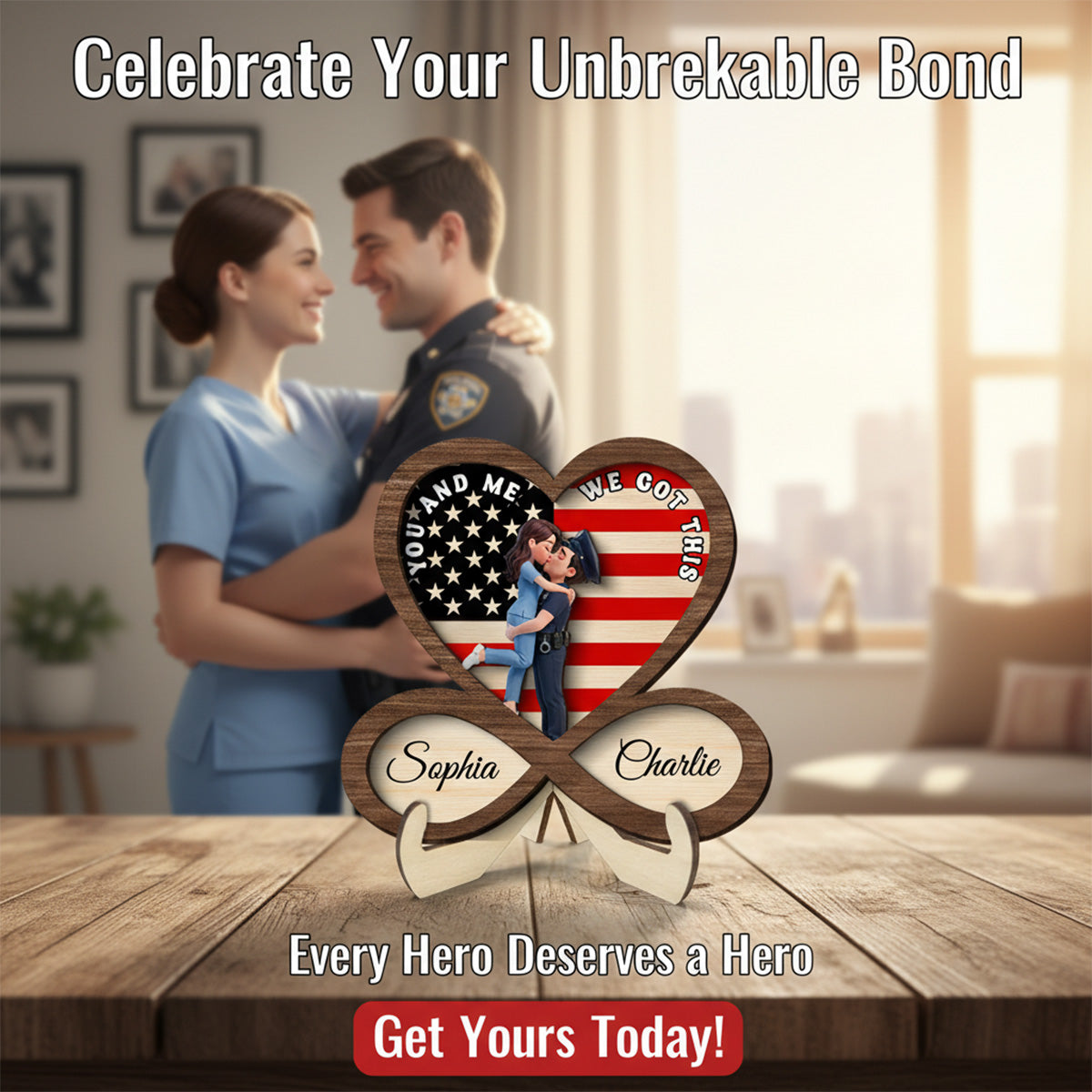 Proud Hero Couple Infinity Nation Flag Heart - Personalized 2-Layered Wooden Plaque - Valentine's Day Gift For Couple, For Him, For Her, Nurse, Police, Firefighter, Army