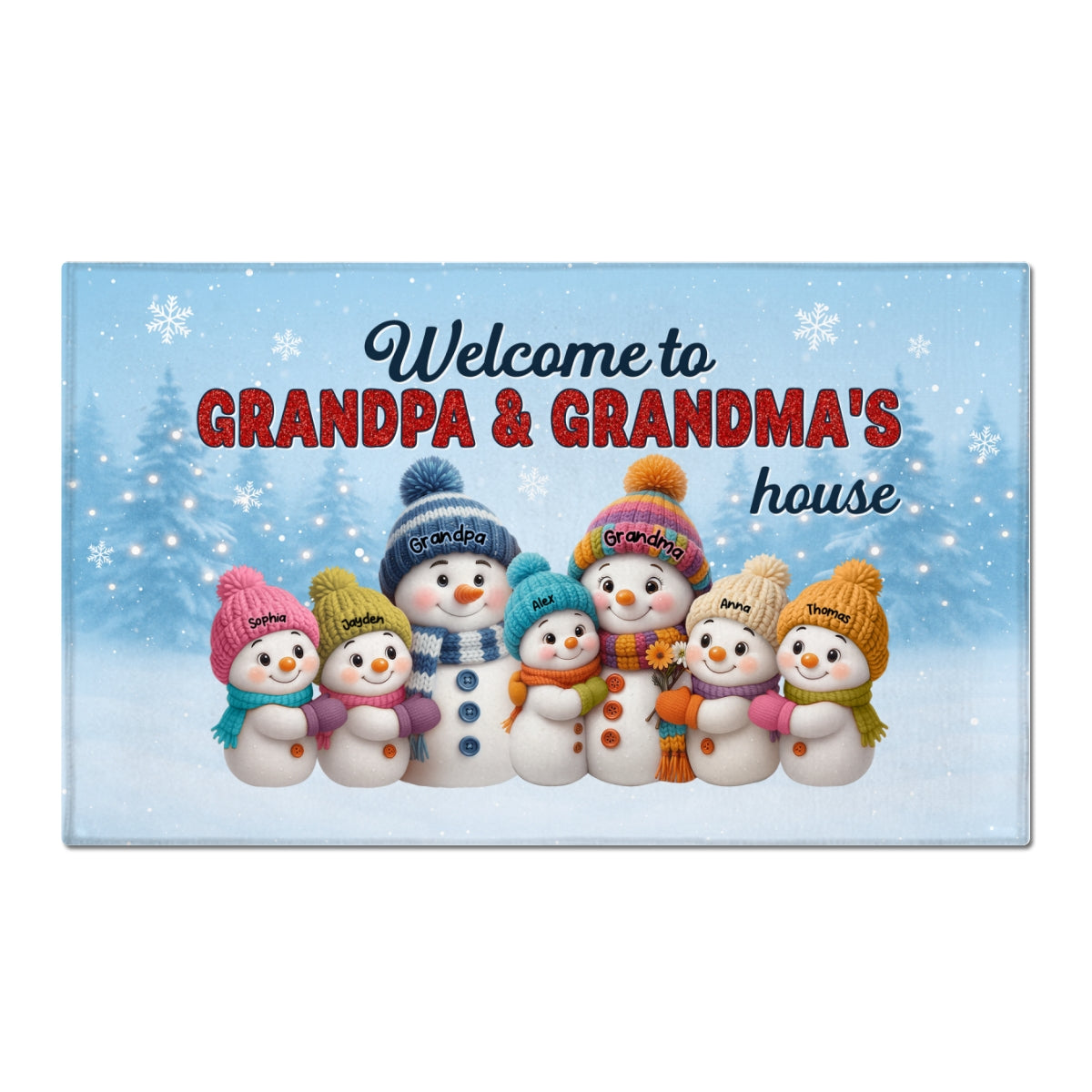 3D Effect Christmas Grandma Grandpa Grandkids Snowman Together - Personalized Doormat