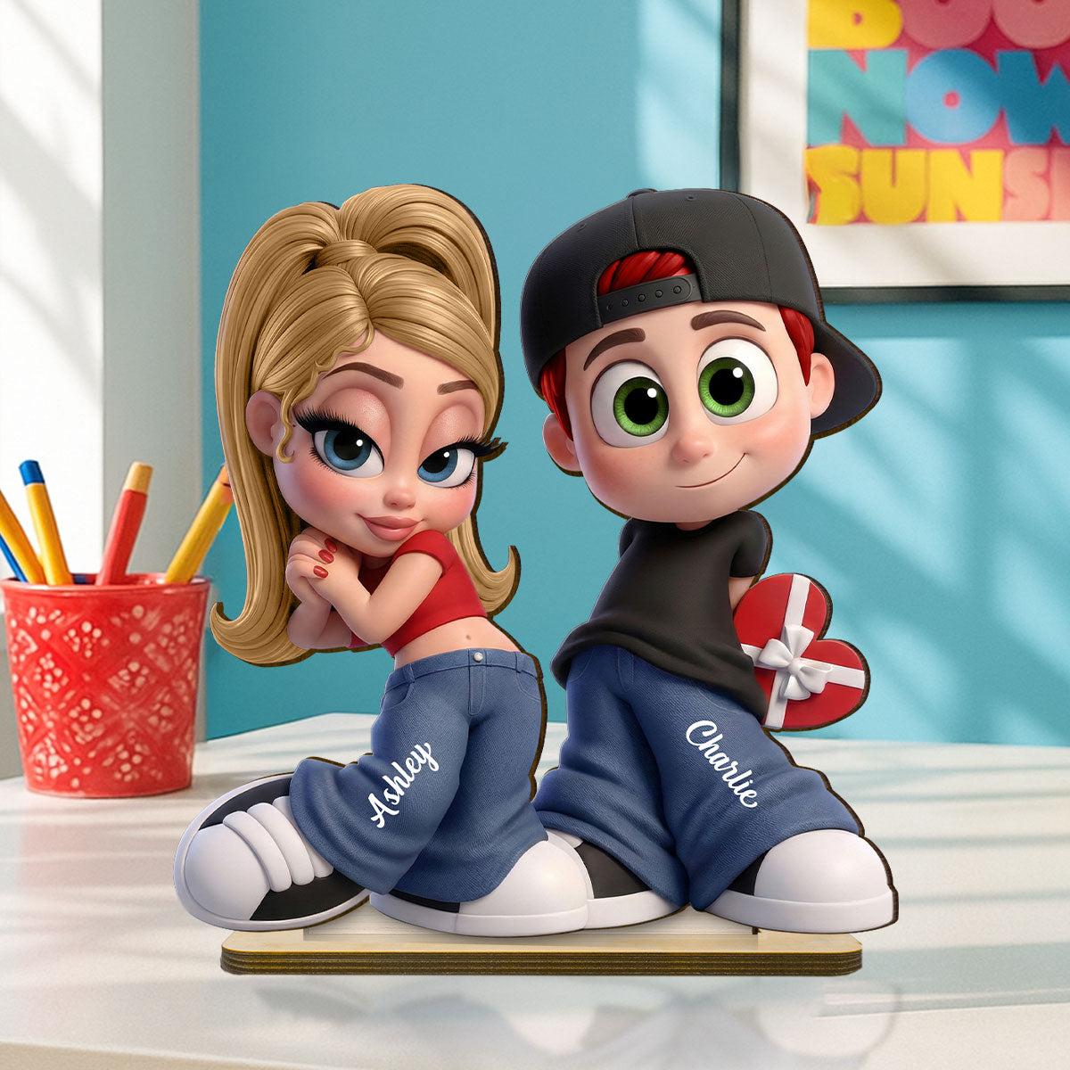 Y2K Couple 3D Cartoon Effect - Personalized Wooden Plaque - Sentimental Valentine's Day Gift for him, for her