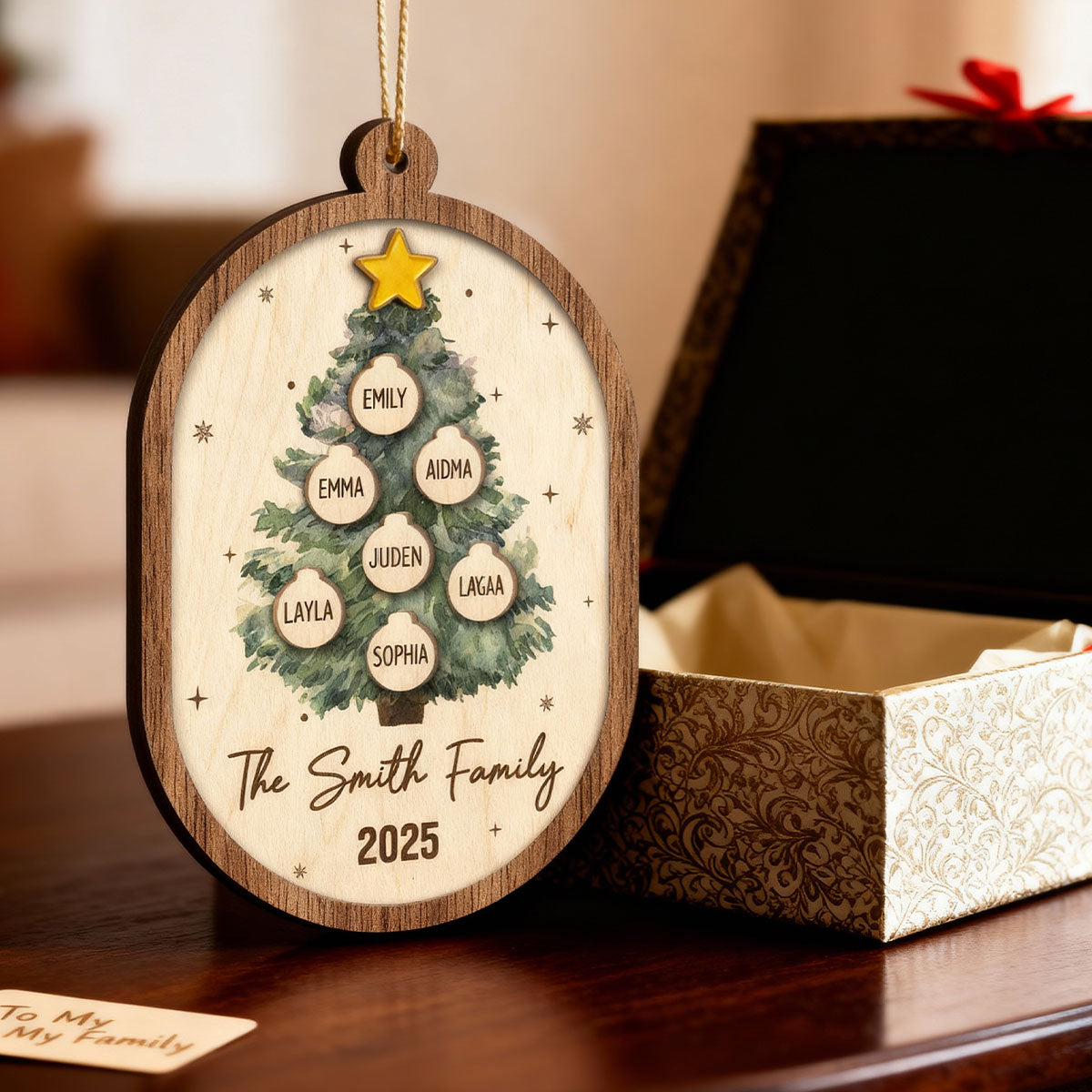 Rustic Watercolor Christmas Tree Family Names - Personalized 2-Layered Wooden Ornament