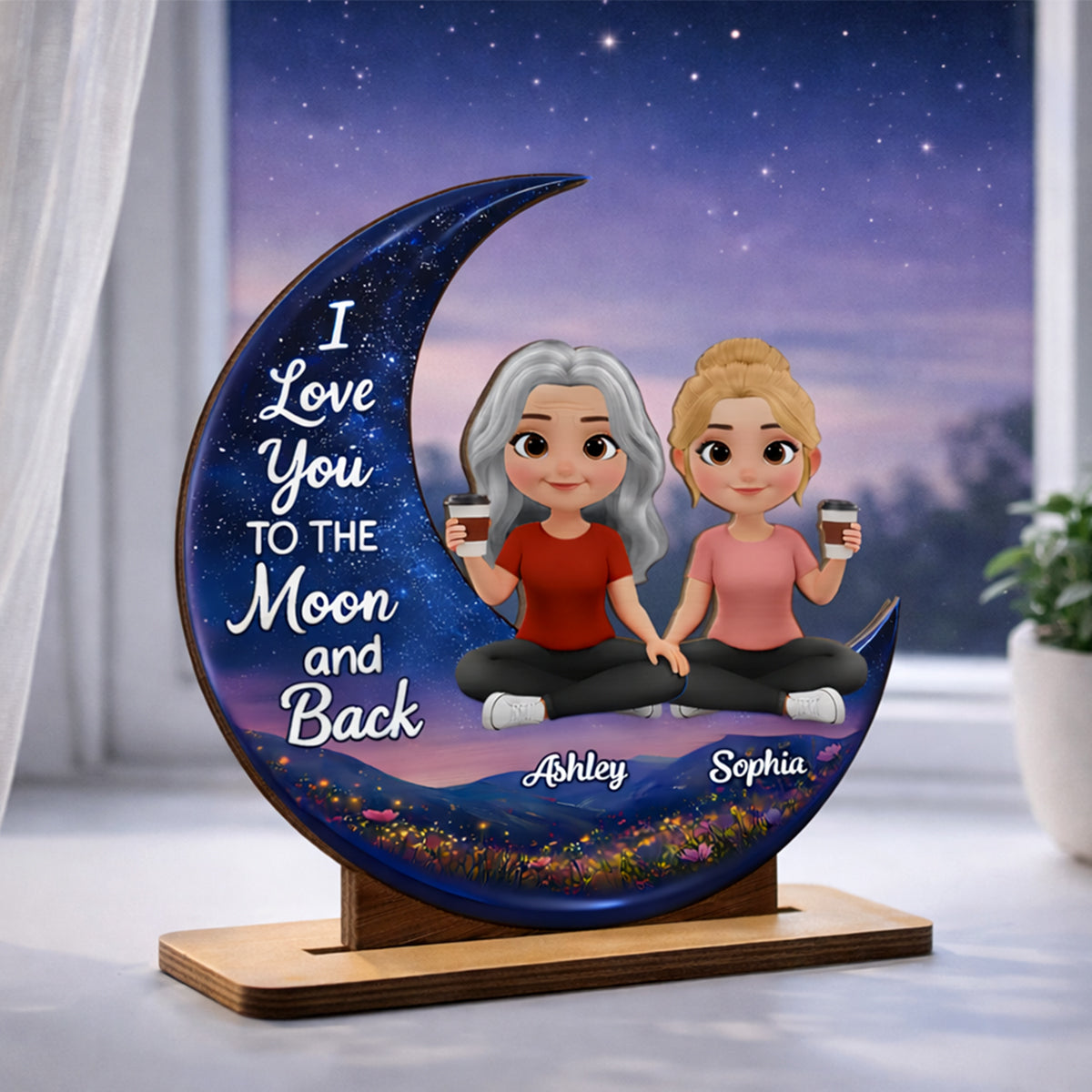 I Love You To The Moon And Back Mom Daughters - Personalized 2-Layered Wooden Plaque - Heartfelt Gift For Mom, Grandma
