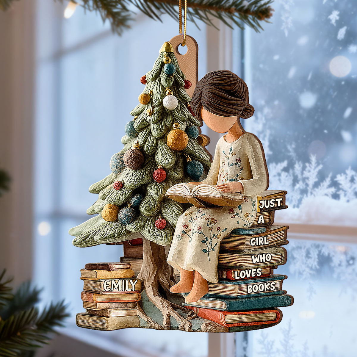 Holiday Reading By The Tree 3D Effect - Personalized Wooden Ornament - Christmas Gift For Book Lover, Bookworm