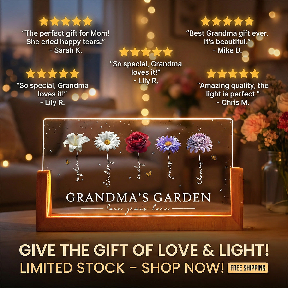 Grandma's Garden Beautiful 3D Effect Birth Flowers - Personalized Acrylic Plaque LED Night Light - Gift For Grandma