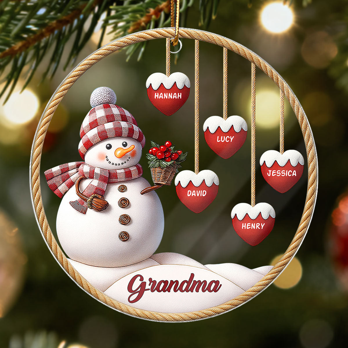 3D Effect Grandma Snowman With Grandkids Name - Personalized Acrylic Ornament - Christmas Decor For Grandma