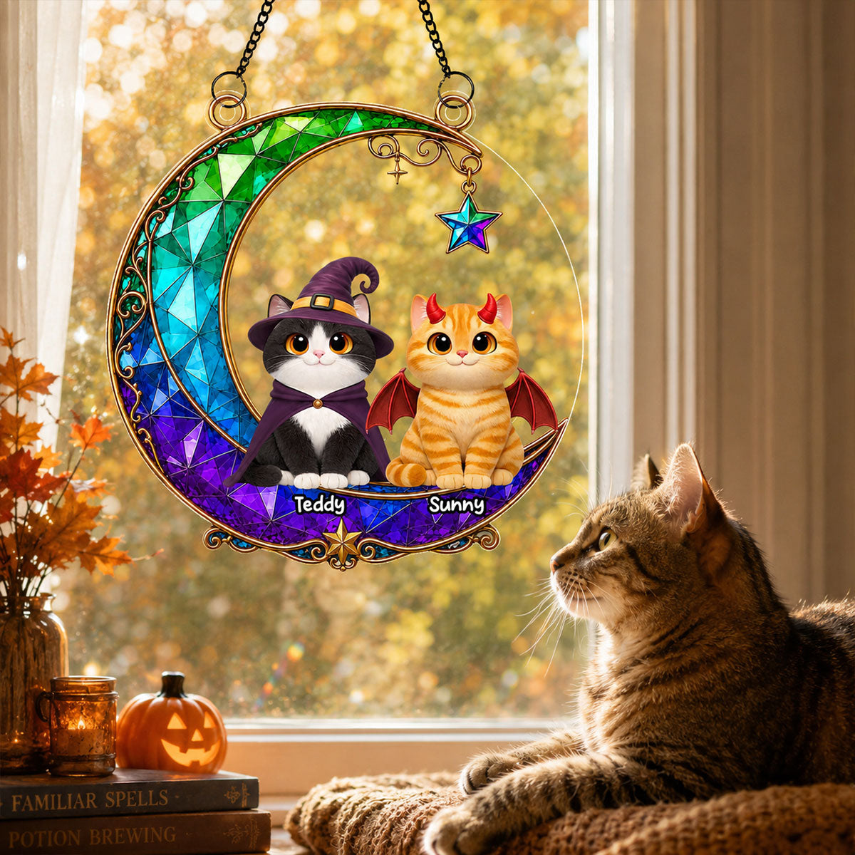 Magical Cat Moonlight - Personalized Acrylic Window Hanging - Halloween Decoration For Cat Mom