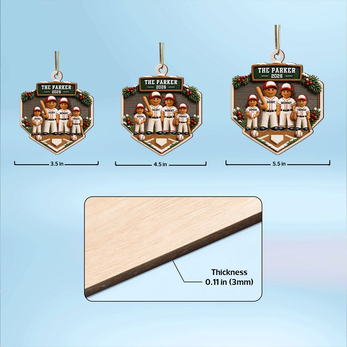 Baseball Gingerbread Family Home Plate 2D Flat - Personalized Wooden Ornament - Sport Lover Christmas Tree Decor, Keepsake