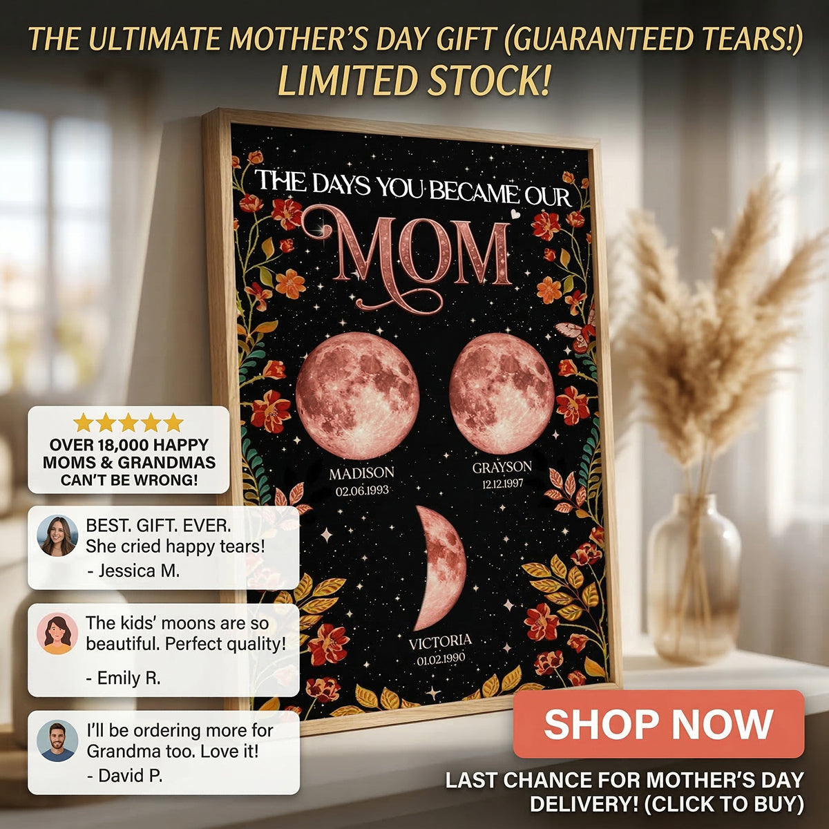 Floral Theme The Day You Became Mom Grandma Custom Birth Moon Phase - Personalized Poster - Mother's Day Gift For Mom, Grandma
