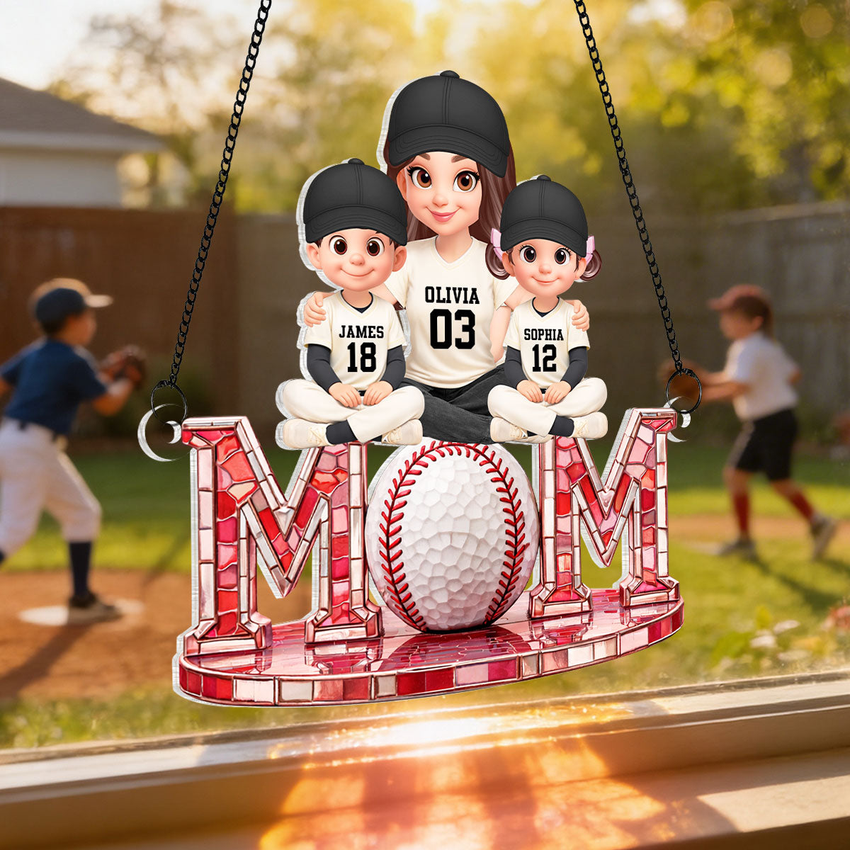 Baseball Mom And Kids Sitting - Personalized Suncatcher - Heartfelt Mother's Day Gift for Mom, Wife