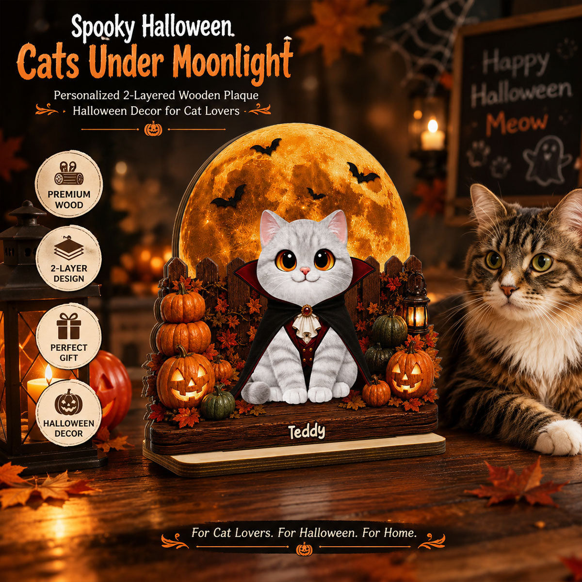 Trending Spooky Cats - Personalized 2-Layer Wooden Plaque - Halloween Gift For Cat Lovers