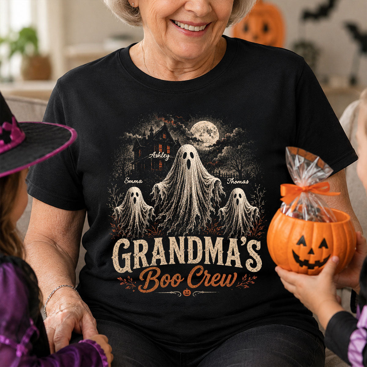Grandma's Boo Crew Haunted House - Personalized Shirt - Halloween Trendy Tee for Grandma