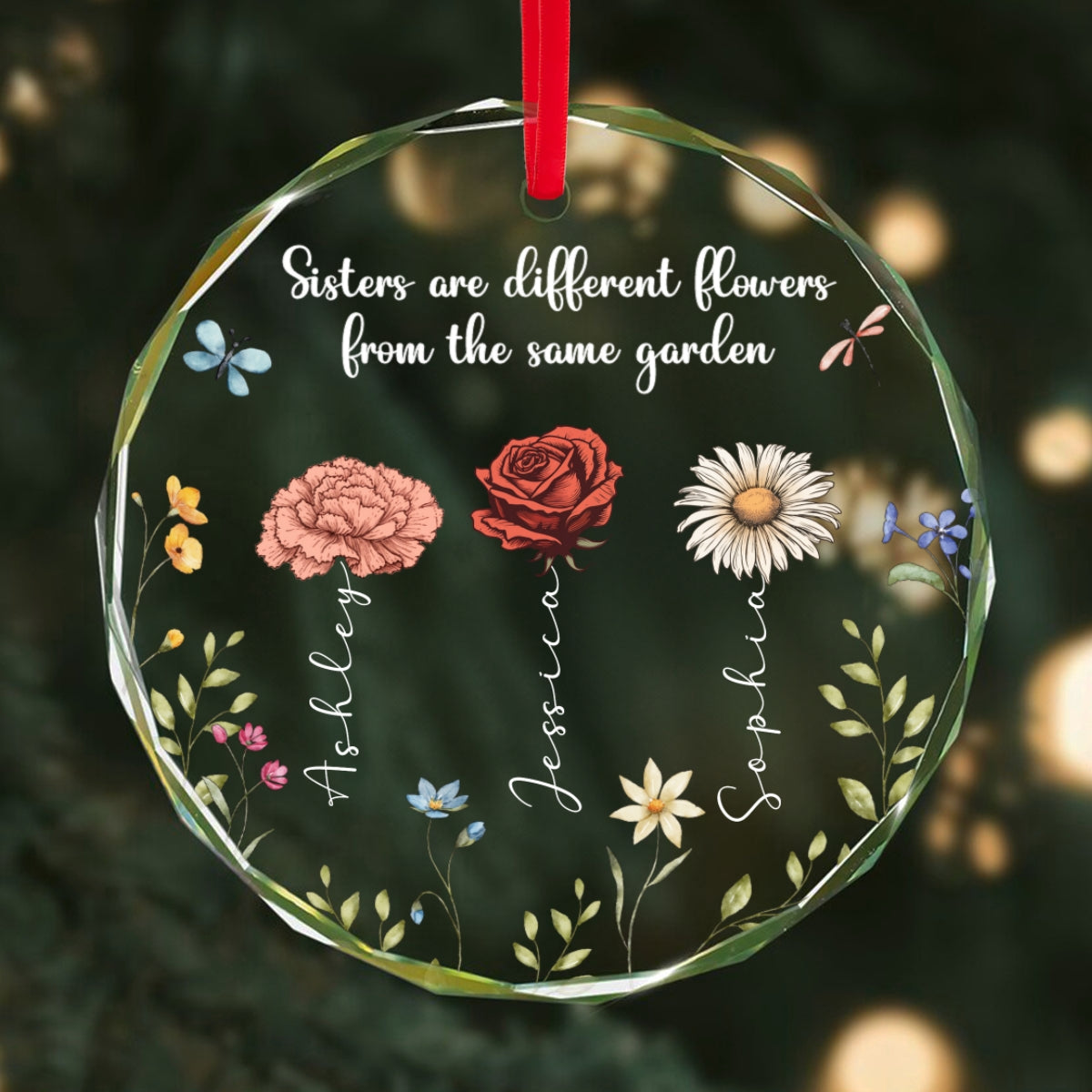 Sisters Are Different Flowers From The Same Garden Personalized Glass Ornament, Christmas Gift For Sisters, Siblings, Besties