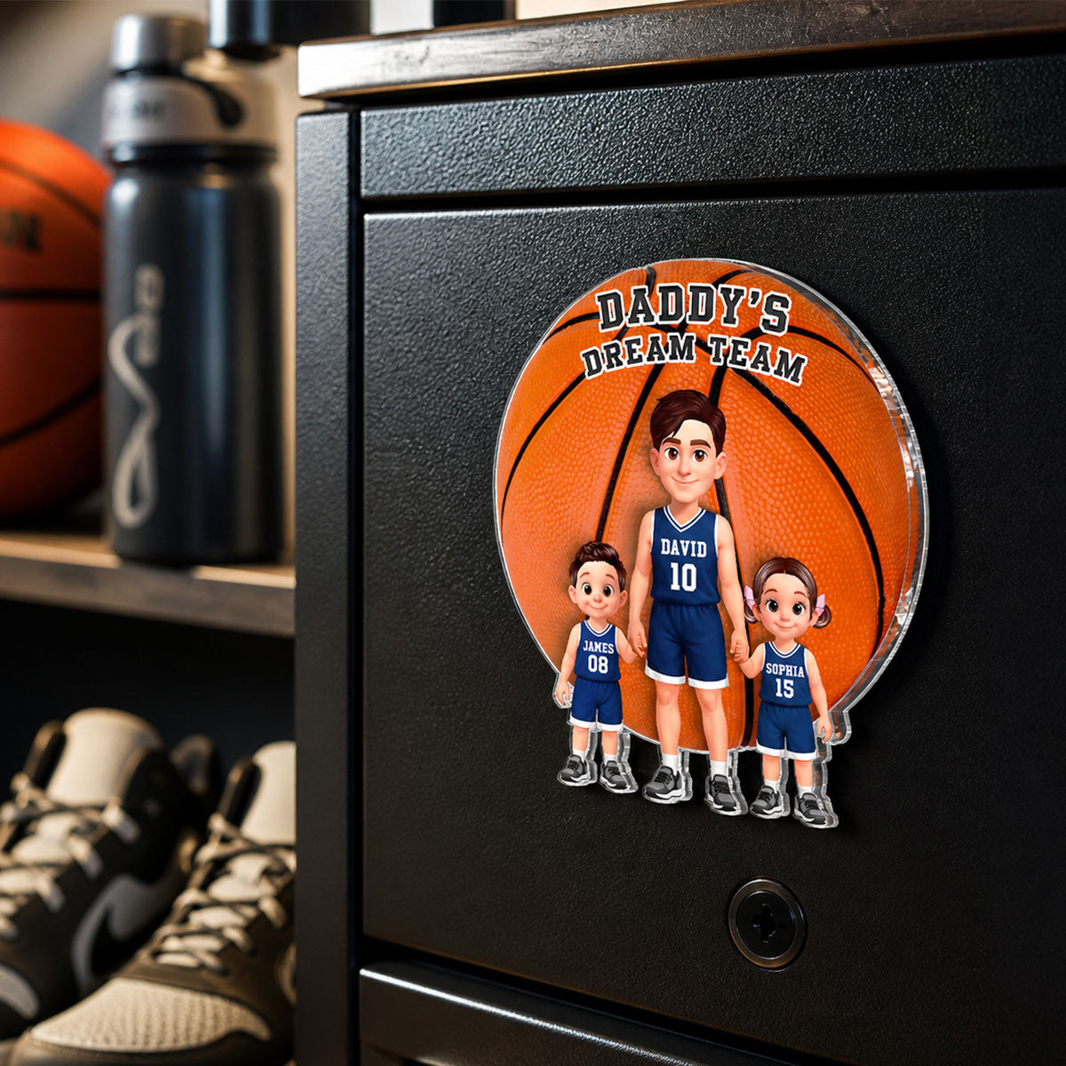 Basketball Dad And Kids Daddy's Dream Team - Personalized Acrylic Fridge Magnet - Father's Day Gift For Dad, Husband