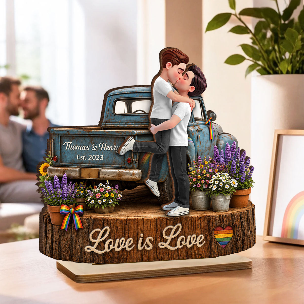 LGBT Couple Pickup Truck Proudly Us - Personalized 2-Layered Wooden Plaque - Gift For Couple, Happy Pride Month