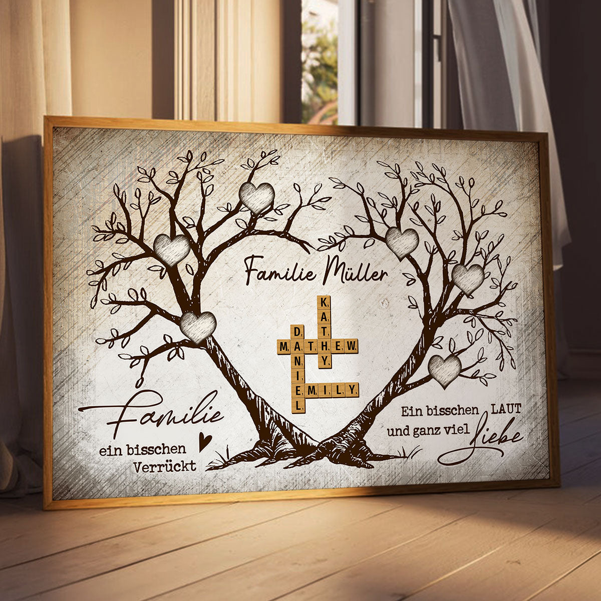 Personalisiertes Familien-Poster – Herzbaum & Kreuzworträtsel – Für immer verbunden – Geschenk für Familie, Mann & Frau