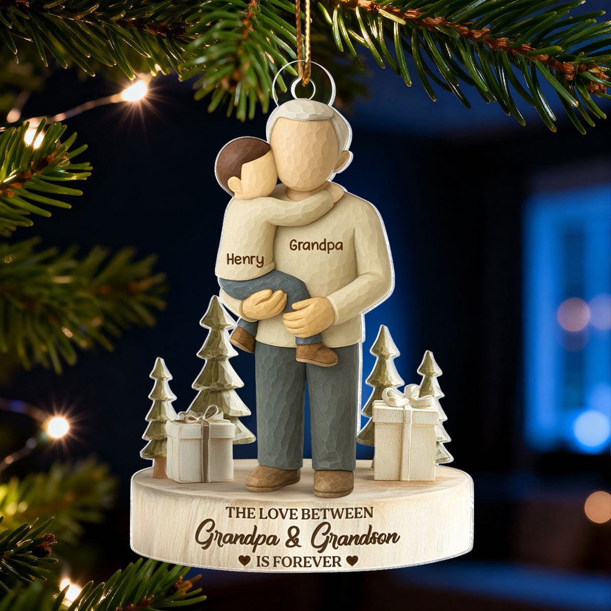 The Love Between Grandpa and Grandson, Granddaughter is Forever - Personalized Acrylic Ornament - Heartwarming Christmas Gift for Grandpa