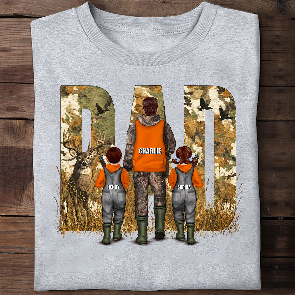 Hunting Dad & Children - Personalized Shirt - Outdoor Father's Day Gift for Dad, Husband