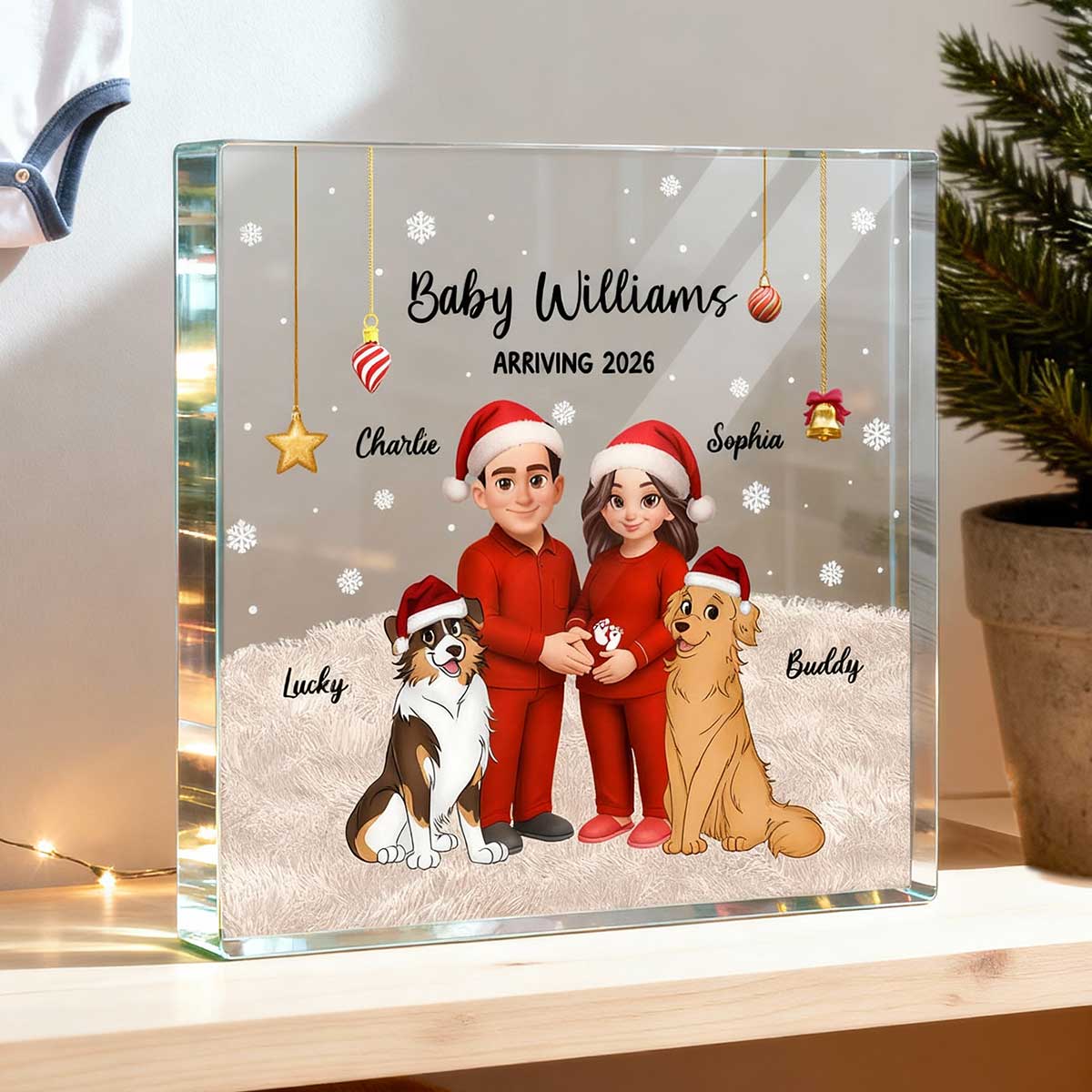 Expecting Parents Christmas Pregnancy Baby Arriving With Dogs Cats - Personalized Square Acrylic Block Plaque