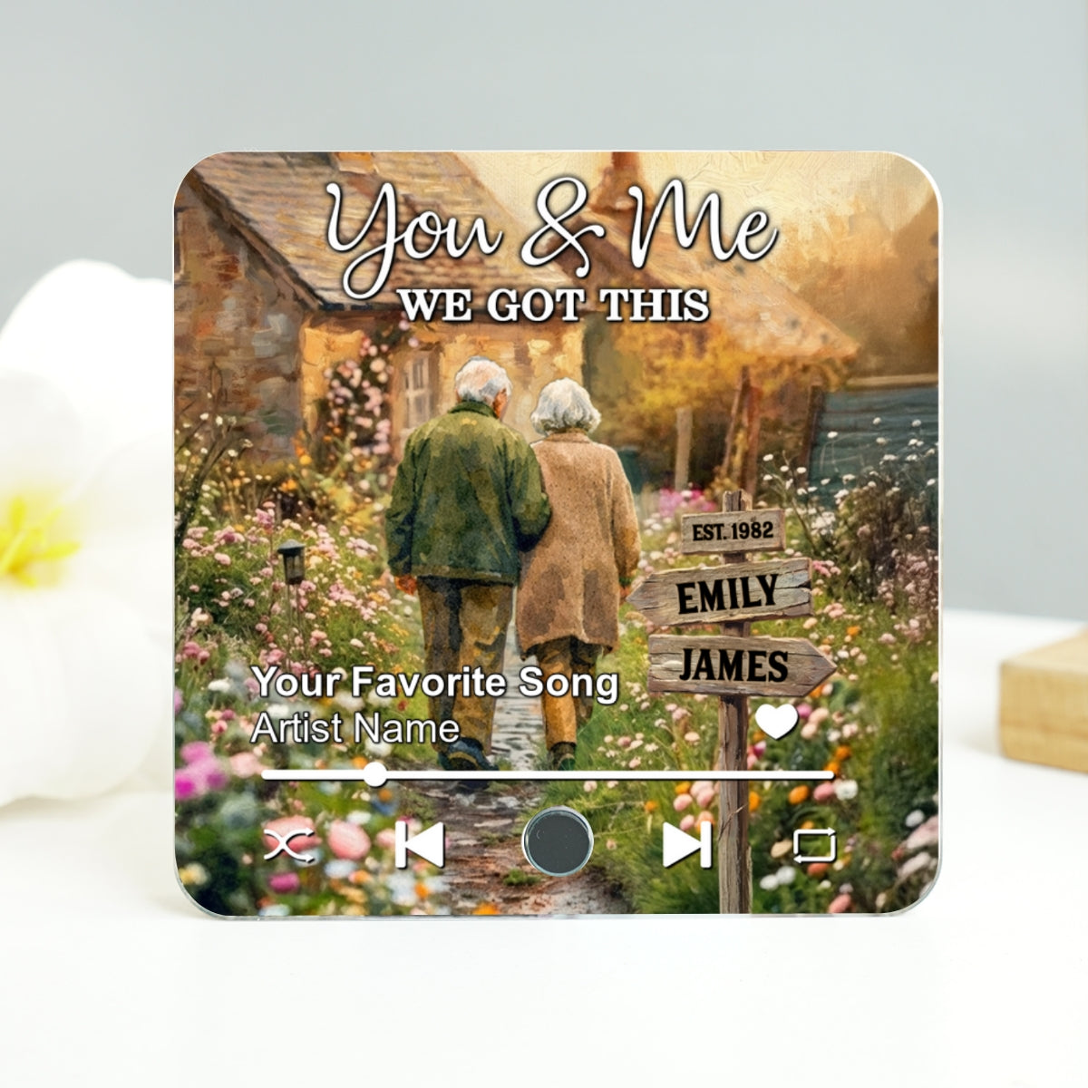 Old Couple Walking Down The Wildflower Road - Personalized Music Fridge Magnet - Anniversary, Valentine's Day Gift