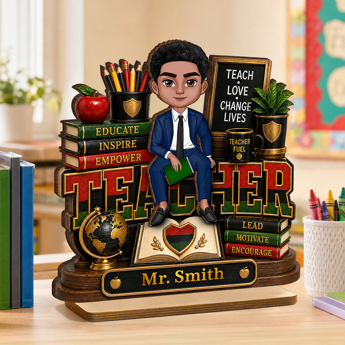 Teach Love Changes Life - Personalized 2-Layered Wooden Plaque - African American Male Teacher Appreciation Gift