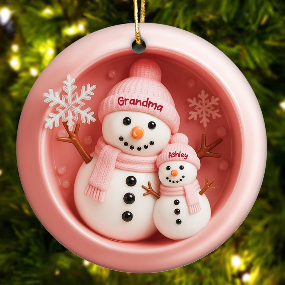 3D Effect Snowman Grandma Granddaughter Grandson - Personalized Ceramic Ornament