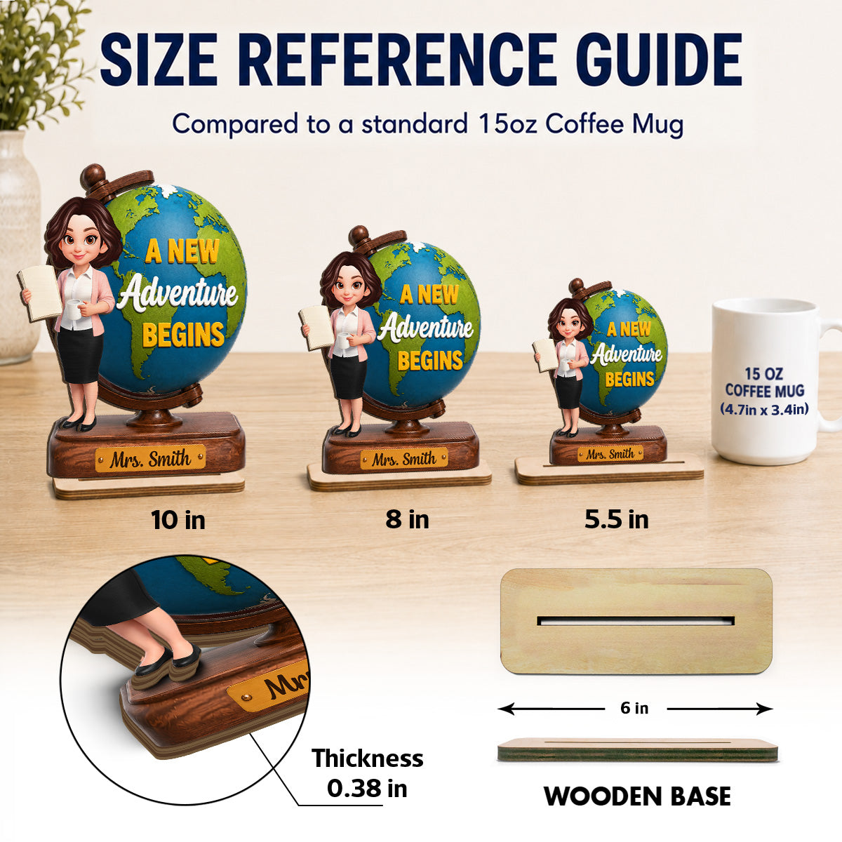 Teacher World Globe 2D Flat - Personalized Wooden Plaque - Back To School Gift