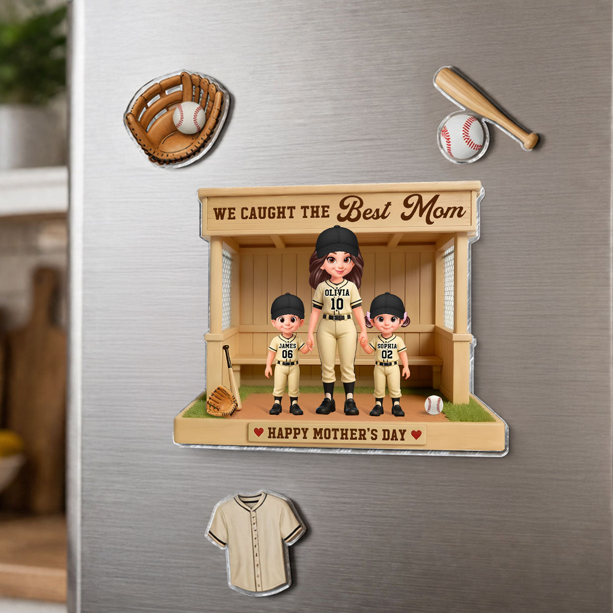We Caught The Best Mom Baseball Softball Dugout - Personalized Acrylic Fridge Magnet - Mother's Day Gift For Baseball Mom