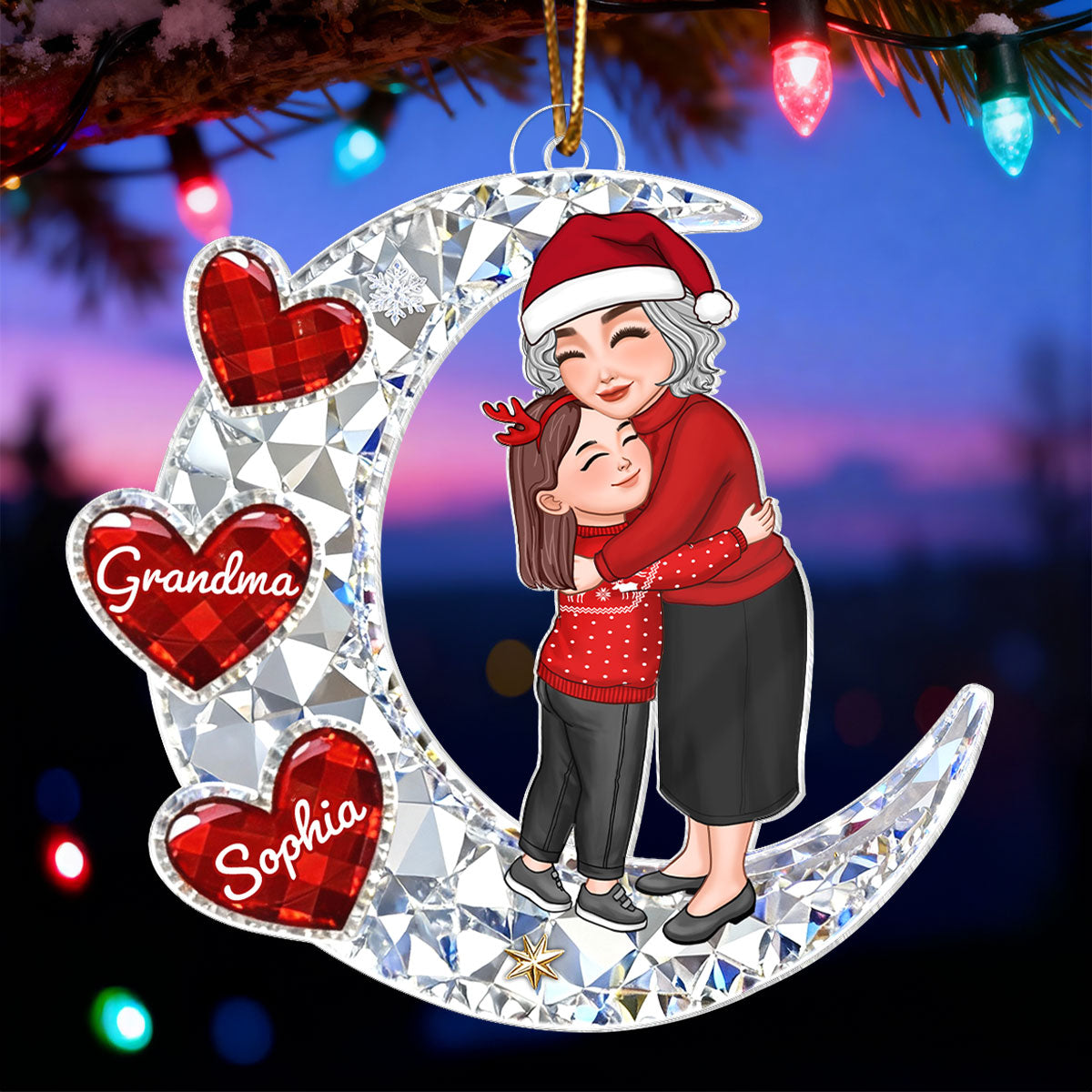 3D Crystal Effect Grandma Grandkid Hugging on Moon - Personalized Acrylic Ornament - Christmas Gift for Grandma, Grandkids