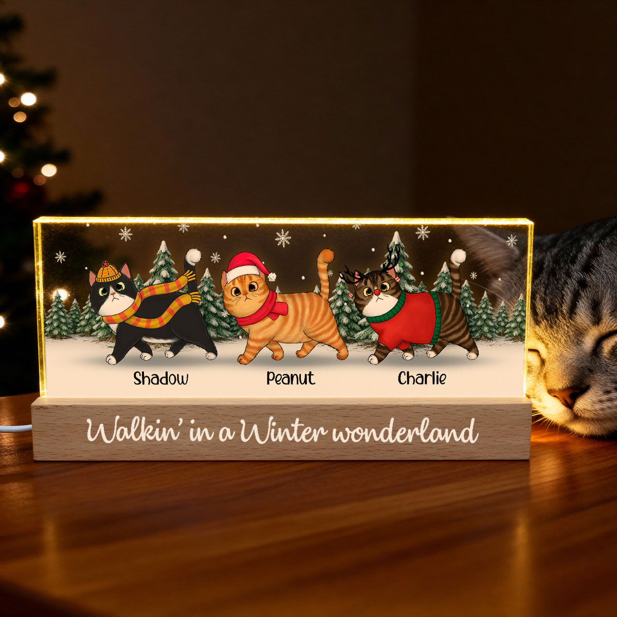 Christmas Cats Walking In A Winter Wonderland - Personalized Acrylic Block Plaque LED Night Light
