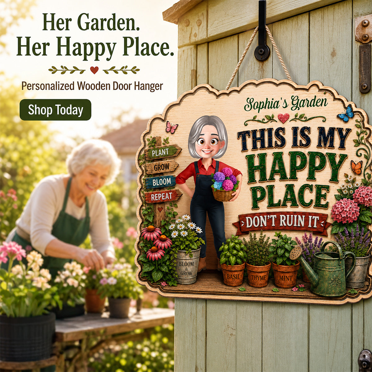 This Is My Happy Place Don't Ruin It Gardening Girl - Personalized Garden Wooden Sign - Home Garden Greenhouse Outdoor Decor