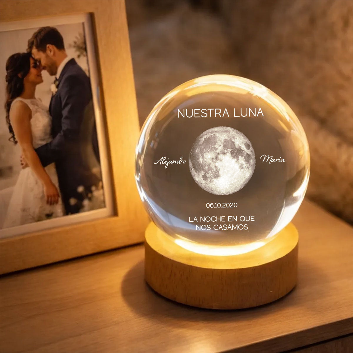 Nuestra Luna – Fase Lunar Personalizada por Fecha – Bola de Cristal con Luz Nocturna – Regalo de Aniversario