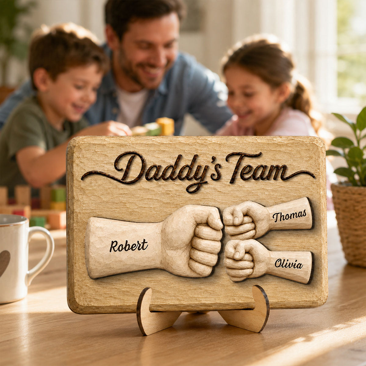Sentimental Rustic Daddy's Team Fist Bump - Personalized 2-Layered Wooden Plaque -  Gift For Dad, Husband