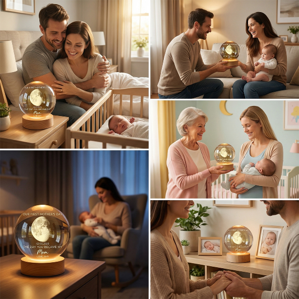 The Day You Became My Mom Custom Moon Phase First Mother's Day - Personalized Crystal Ball LED Night Light - First Mother's Day Gift For New Mom