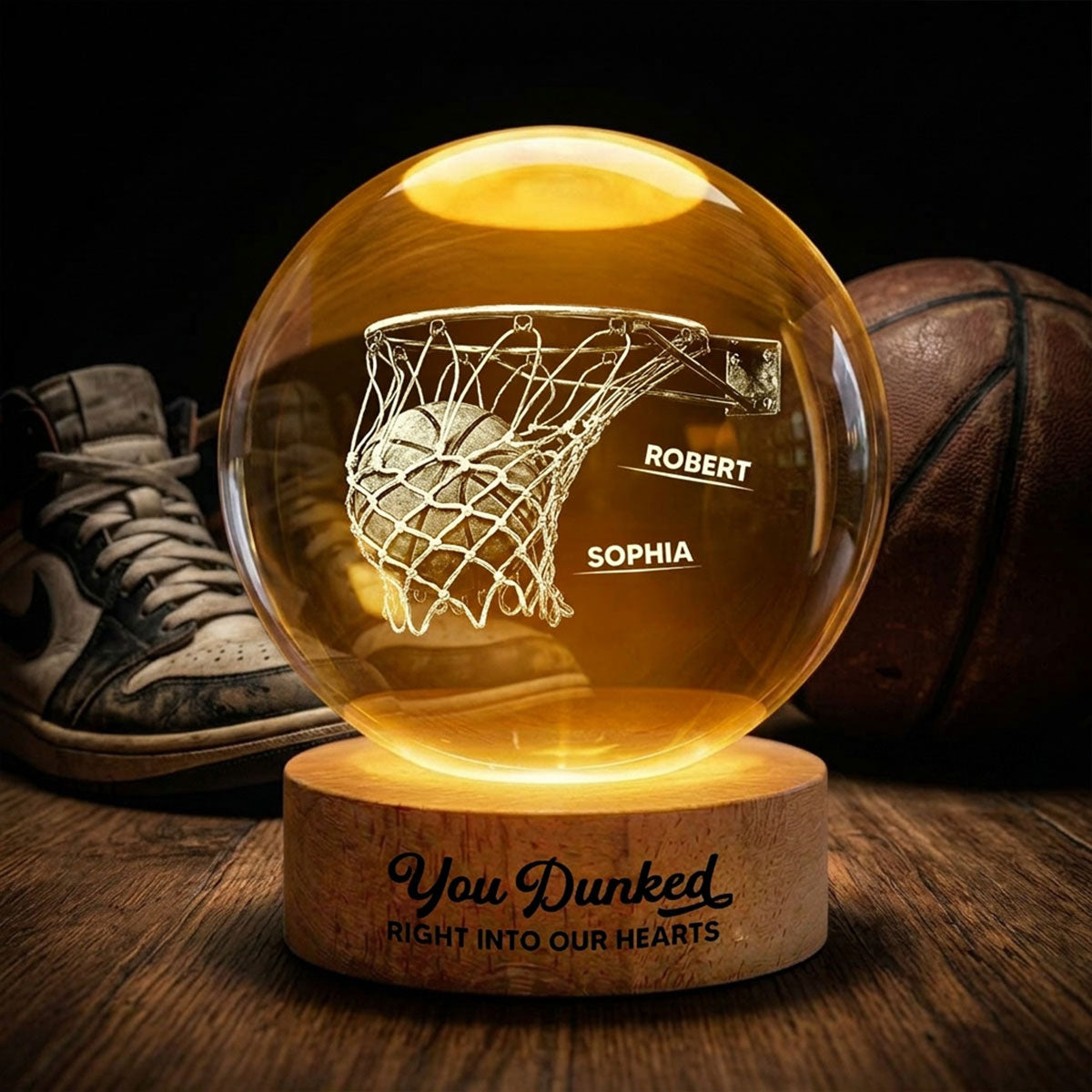 We Dunked Right Into Our Heart - Personalized Crystal Ball LED Night Light -  Gift For Basketball Dad