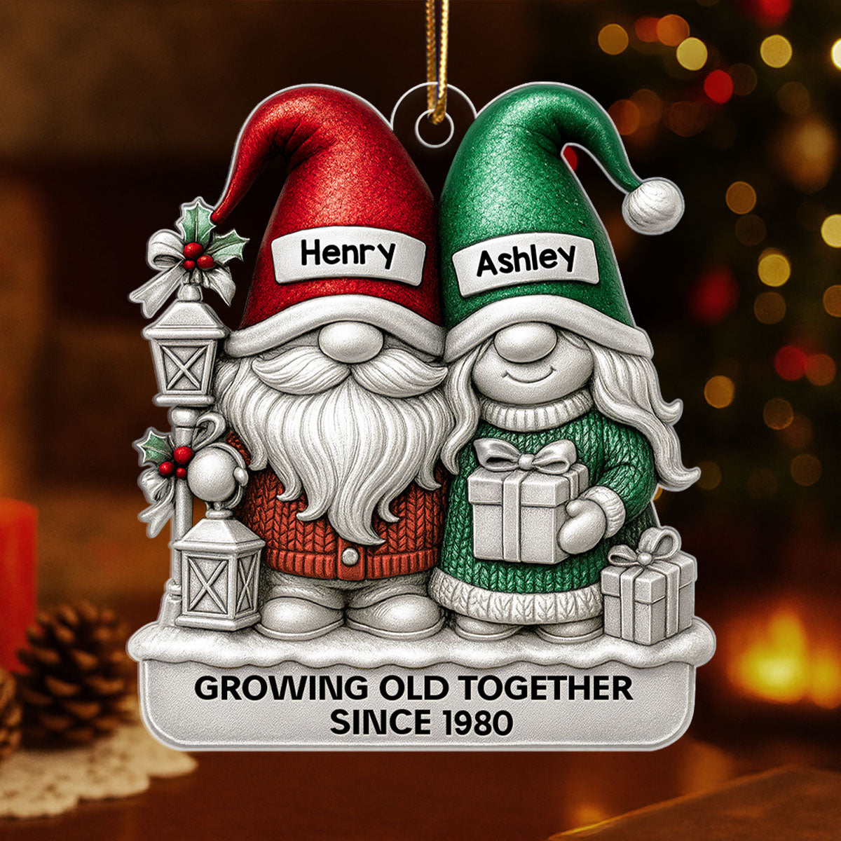 Gnome Couple 3D Metallic Effect - Personalized Acrylic Ornament - Christmas Gift for Couple