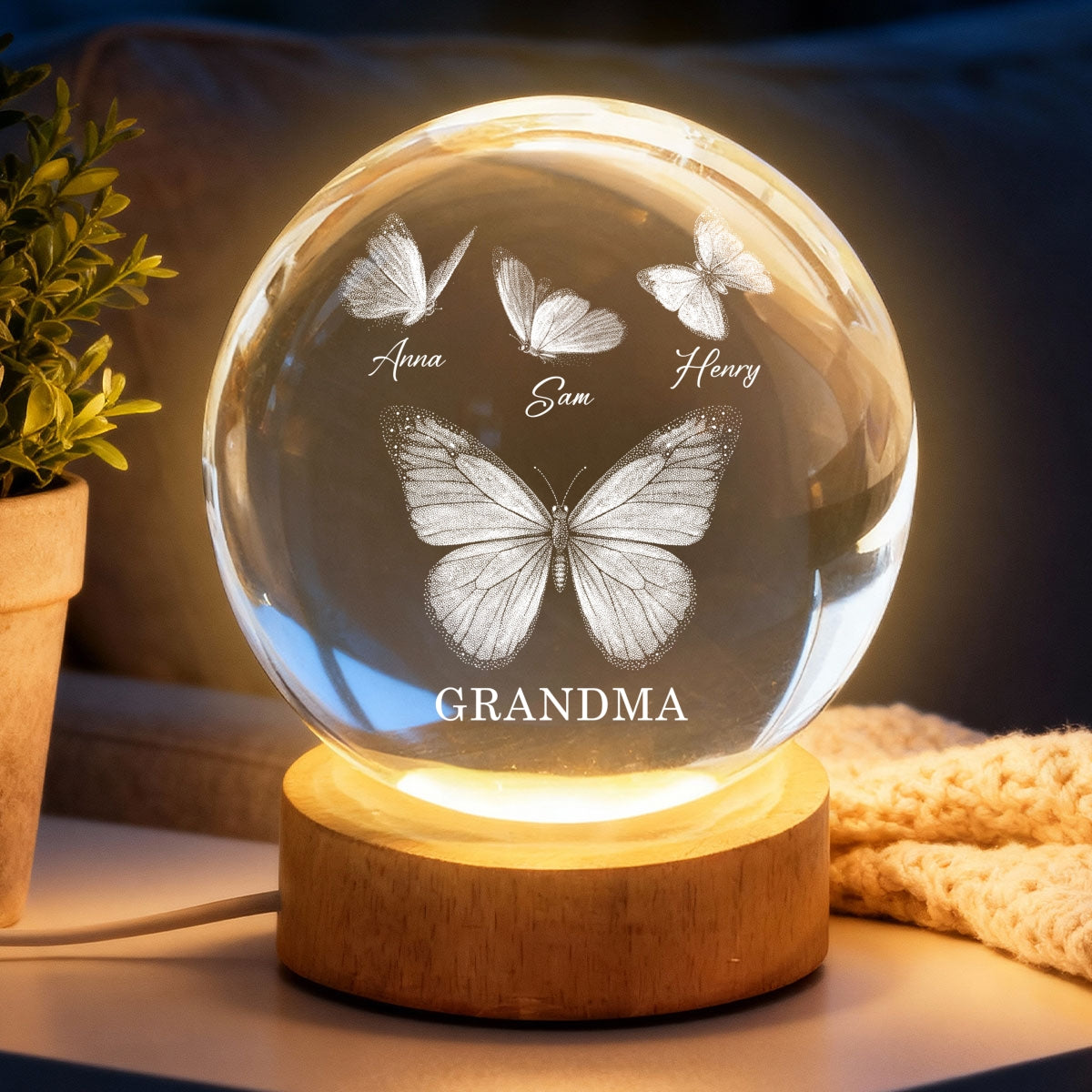 Beautiful Grandma Mom Butterflies Custom Kids Names - Personalized Crystal Ball LED Night Light - Gift For Grandma, Mom