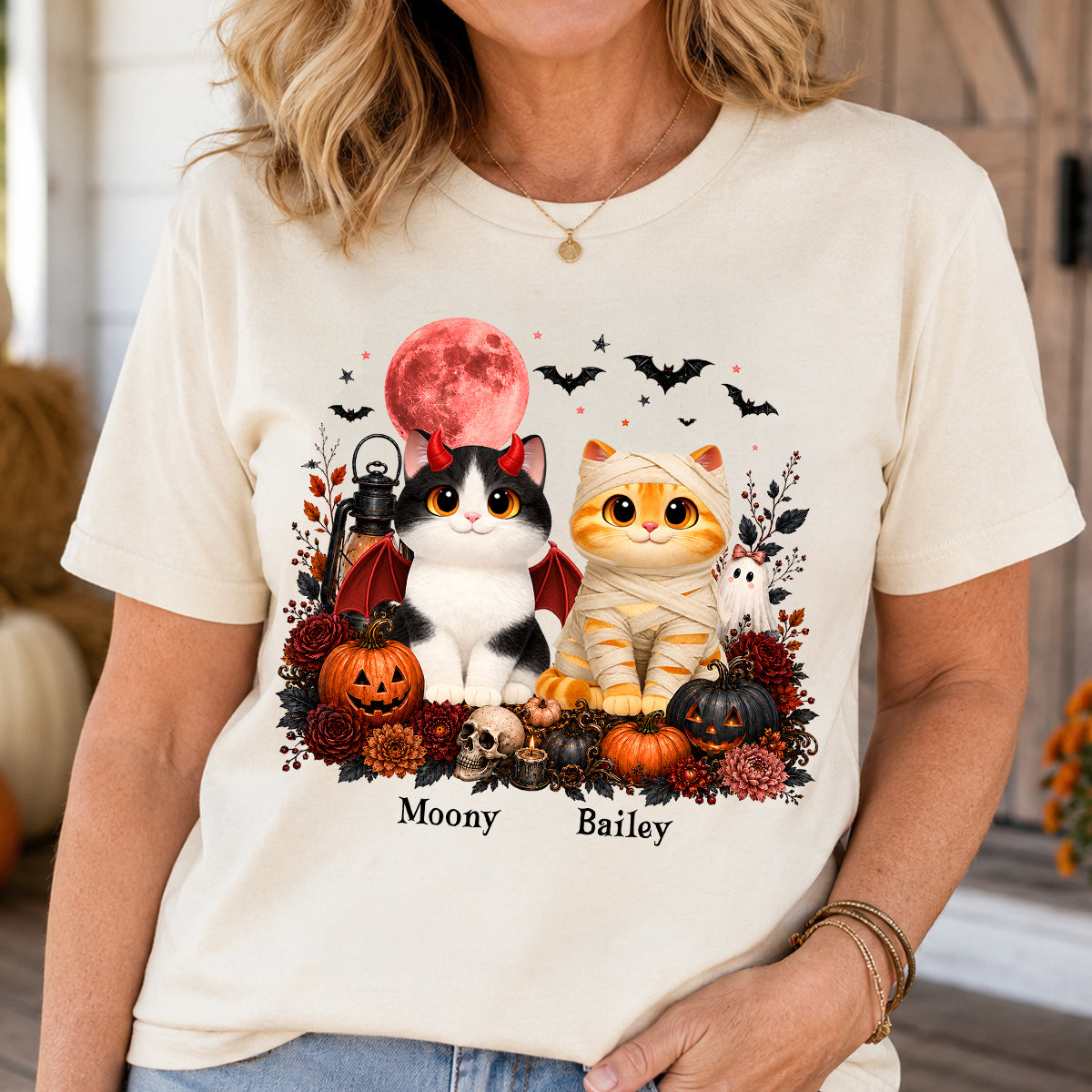 Halloween Floral Pumpkin Cats - Personalized Shirt - Trendy Fall Halloween Tee for Cat Lovers
