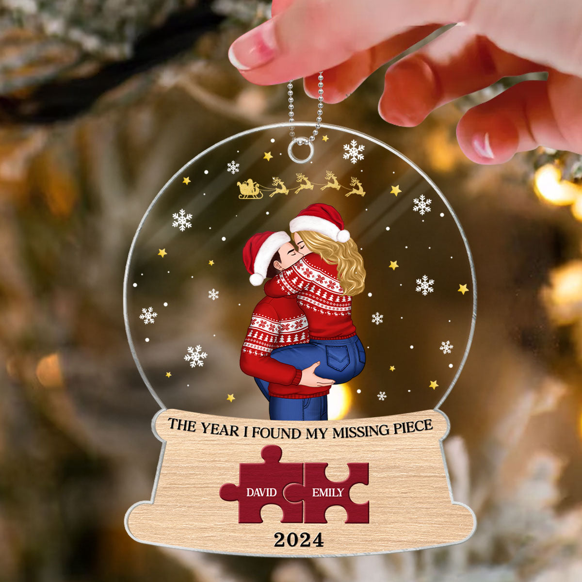 Christmas Couple The Year I Found My Missing Piece Snow Globe Personalized Acrylic Ornament