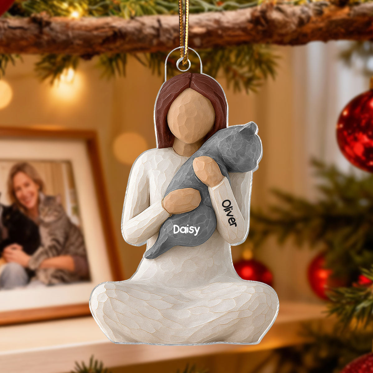 3D Effect Woman Hugging Cat - Personalized Acrylic Ornament - Christmas Gift For Cat Lovers, Cat Mom