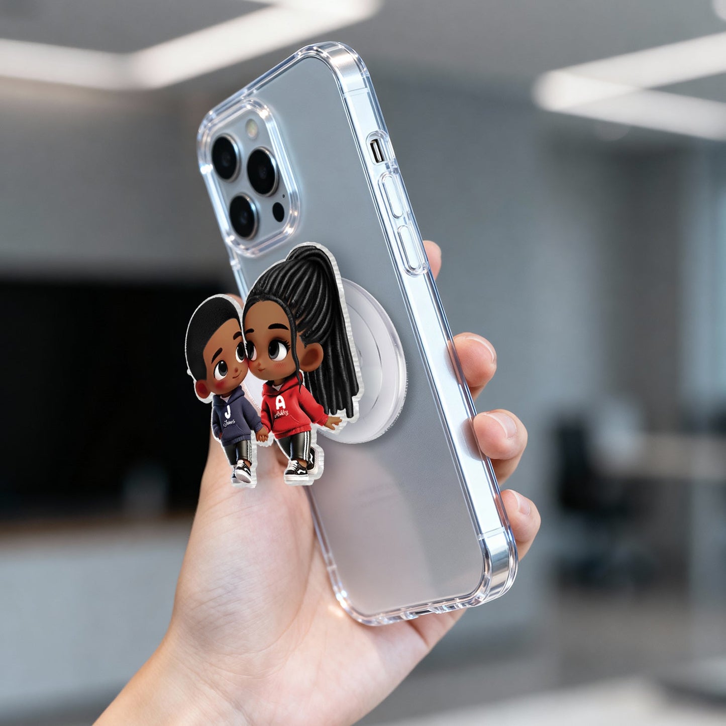 3D Effect Cute Cartoon Couple Holding Hands - Personalized Acrylic Magnetic Phone Grip - Matching Phone Grips for Couples