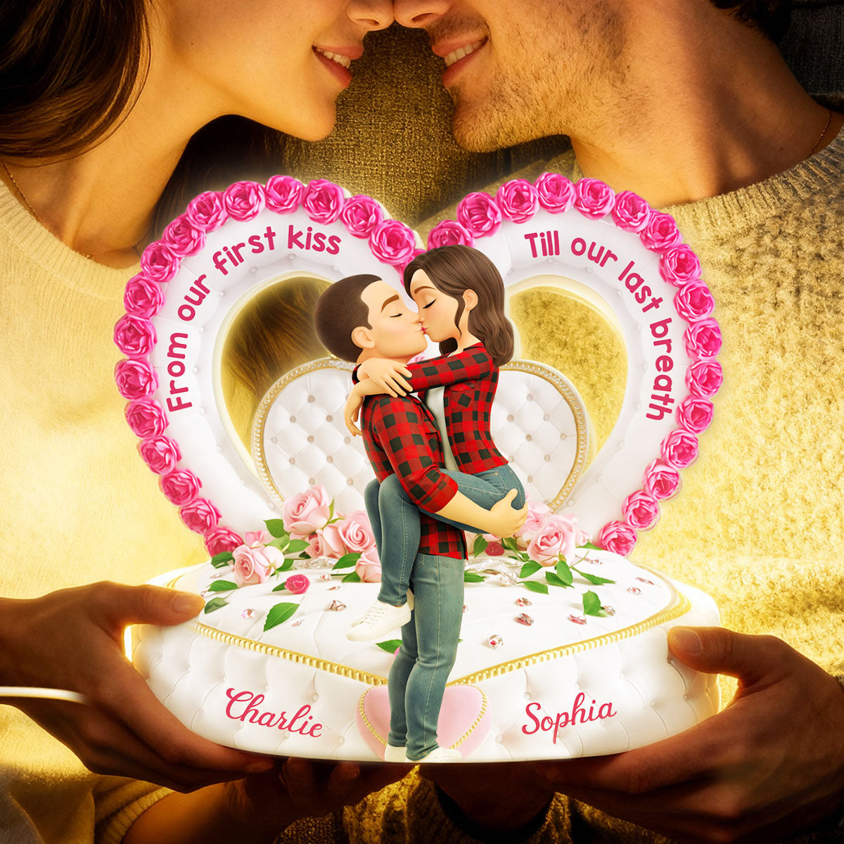 Romantic Heart-Shaped Headboard with Roses - Personalized Light Box - Heartfelt Valentine's Day Gift for Her, for Him
