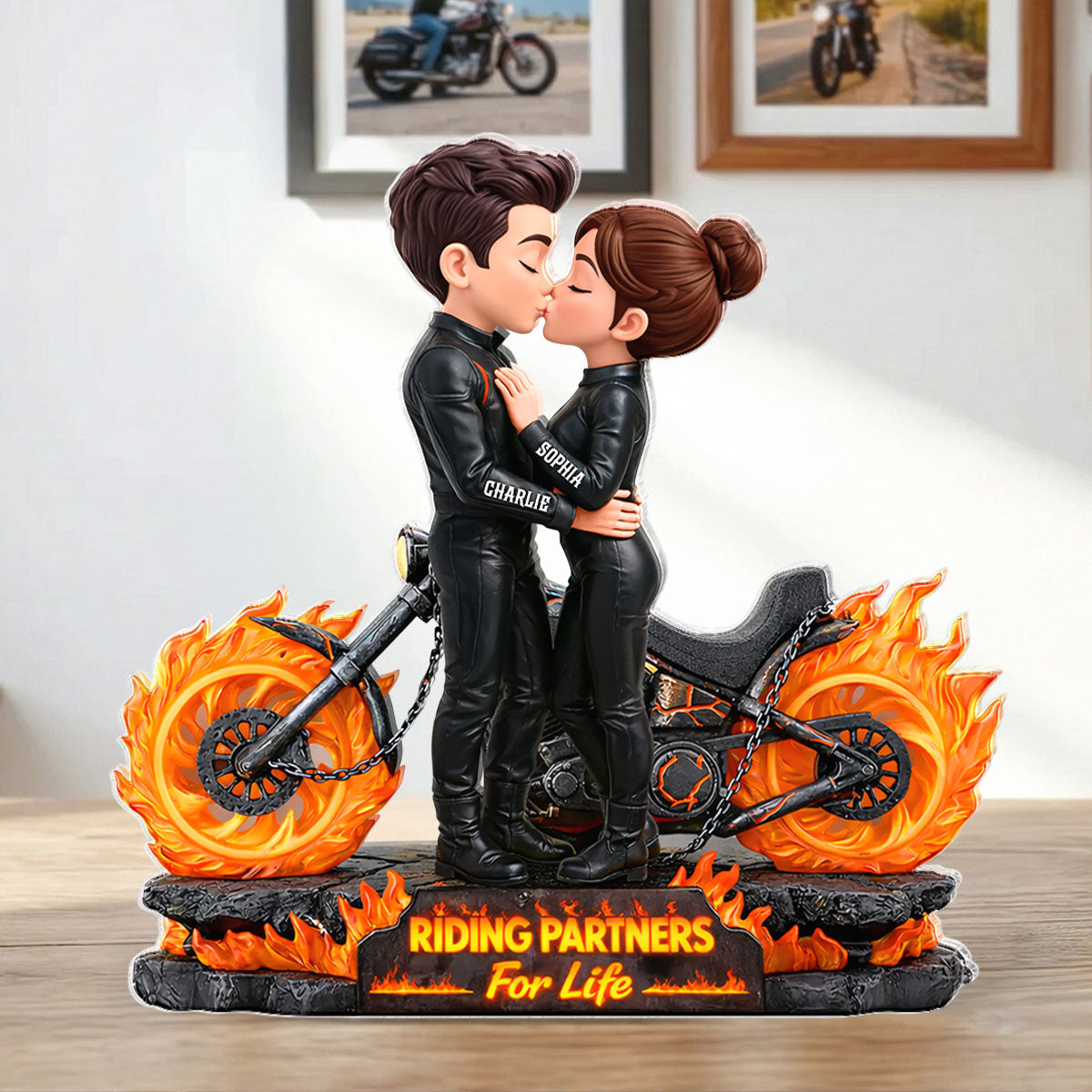 Biker Couple Fire - Personalized Acrylic Block Plaque - Sentimental Gift for Her, for Him