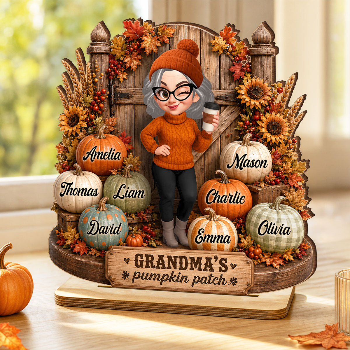 Grandma's Pumpkin Patch Rustic Farmhouse - Personalized 2-Layered Wooden Plaque - Fall Decor for Grandma