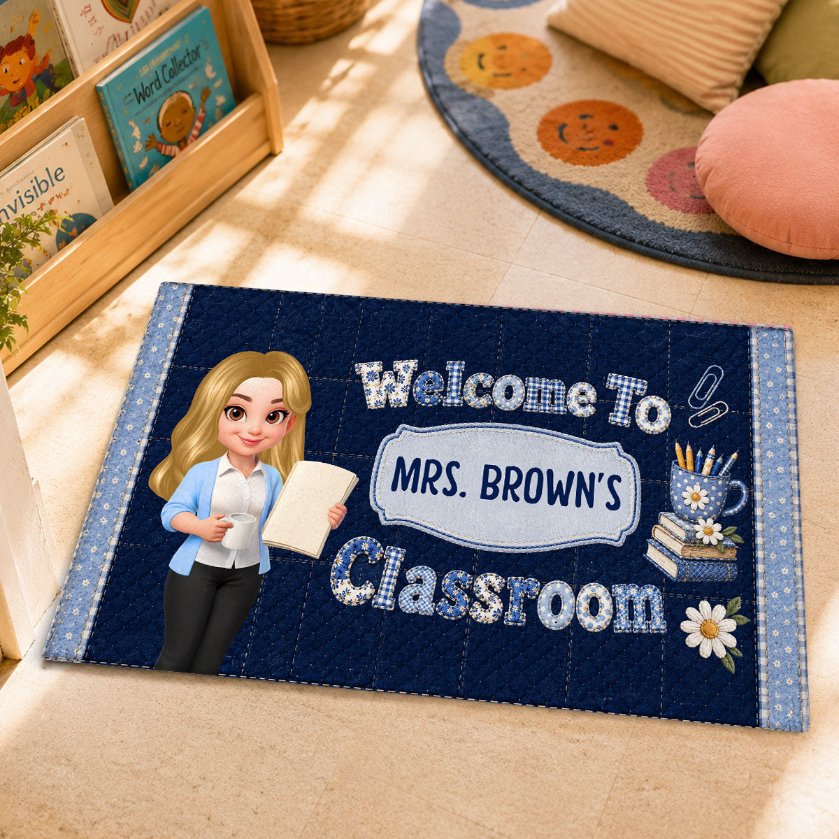 Pastel Floral Teacher Welcome To Classroom - Personalized Doormat - Back To School Gift, Classroom Decoration
