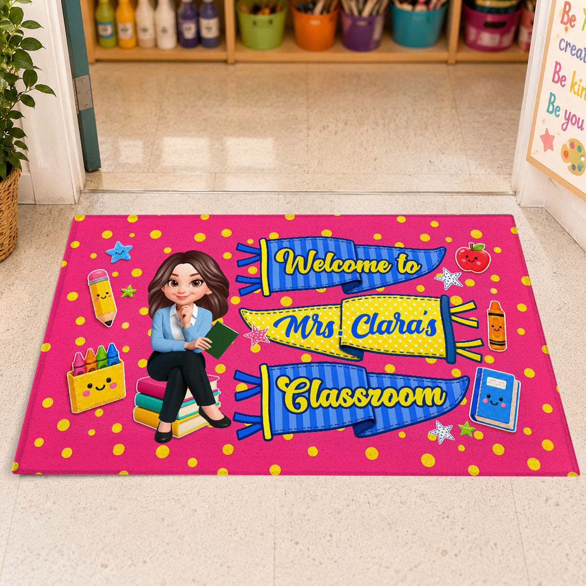 Neon Pennants Flags Teacher Welcome To Classroom - Personalized Doormat - Back To School Gift For Teacher, Classroom Decor