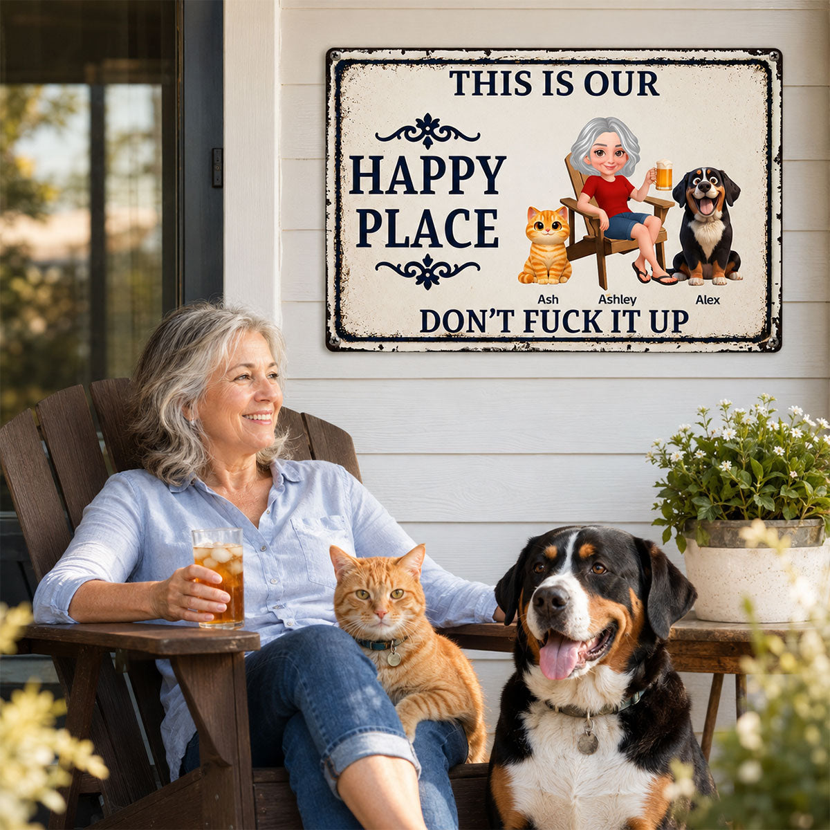 This Is My Happy Place With Dogs Cats - Personalized Metal Sign - Funny Sarcasm Decoration For Dog Lovers, Cat Lovers